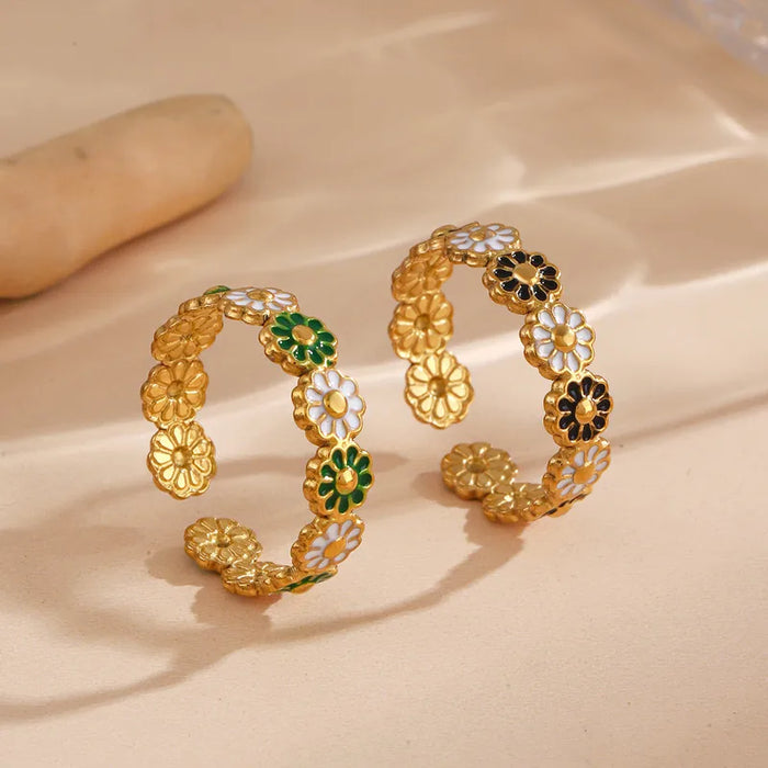 Blossom Charm Enamel Flower Ring - Black